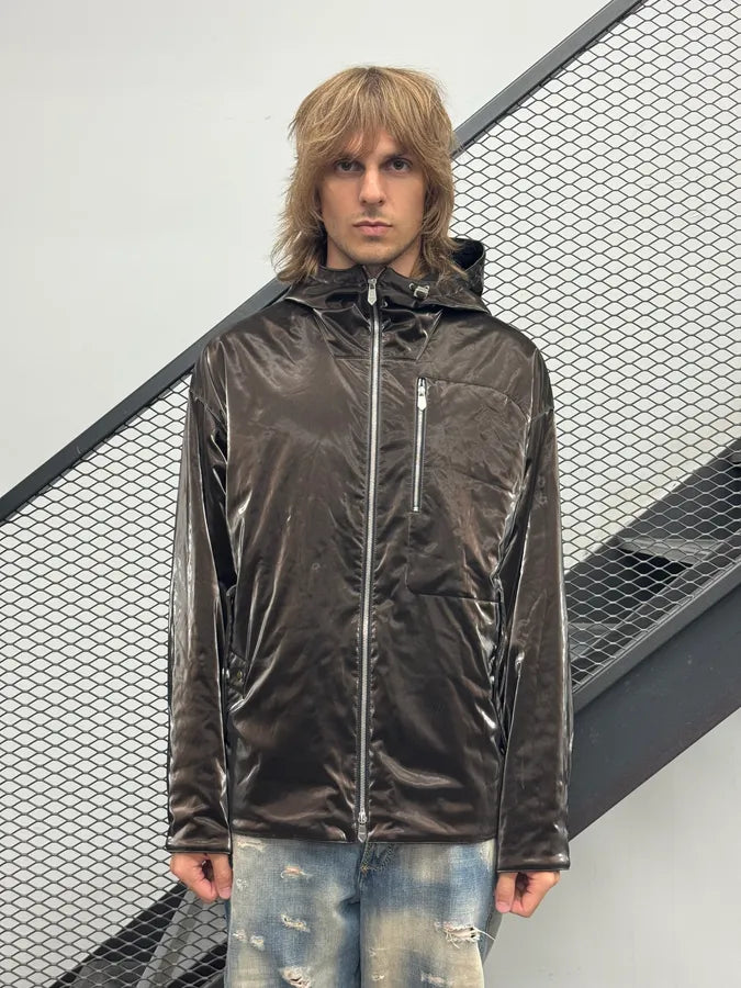 Hermès Mettalic Satin Brown Reverse Hooded Zip-up Jacket frswPwq 1