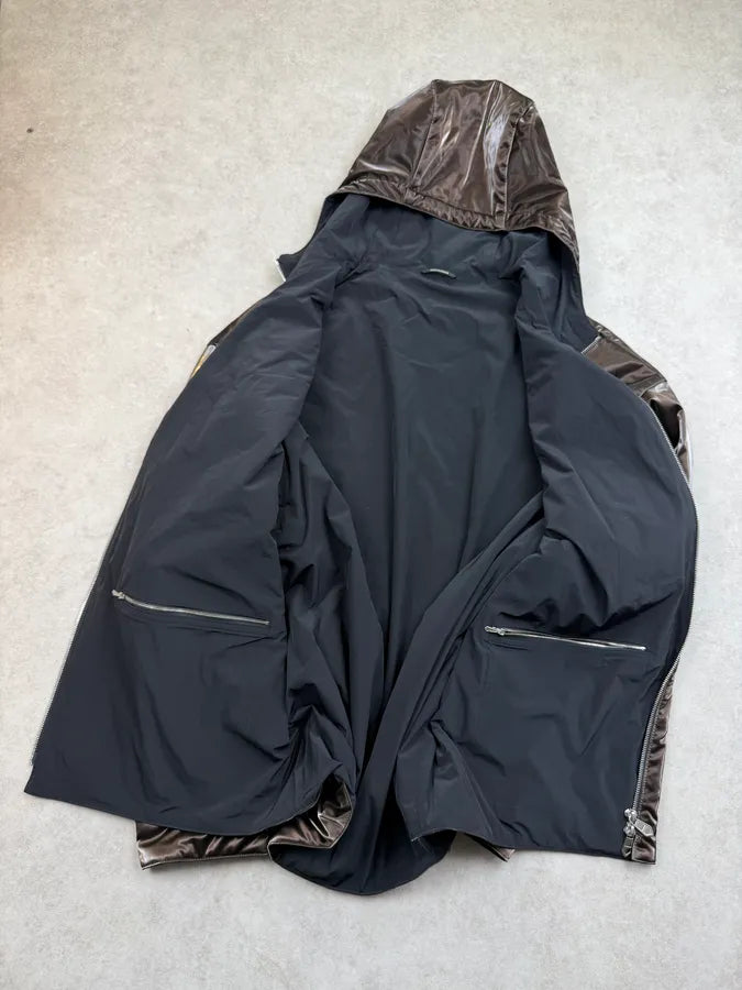 Hermès Mettalic Satin Brown Reverse Hooded Zip-up Jacket frswPwq 12