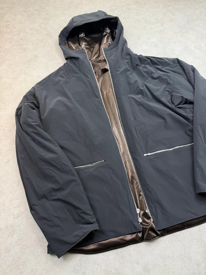 Hermès Mettalic Satin Brown Reverse Hooded Zip-up Jacket frswPwq 5
