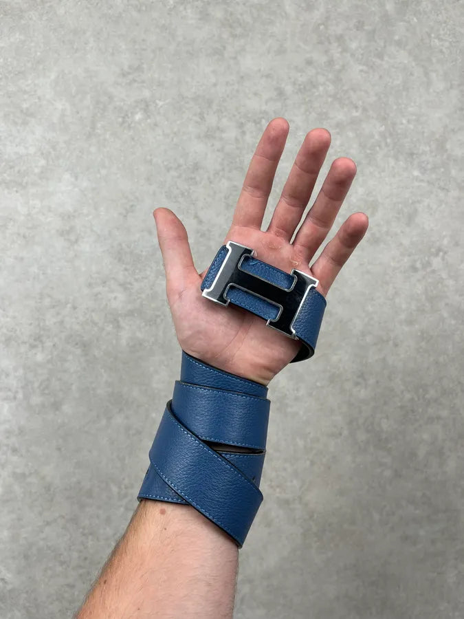 Hermès Navy Leather Reversible H-Buckle Belt ldGeGoX 1