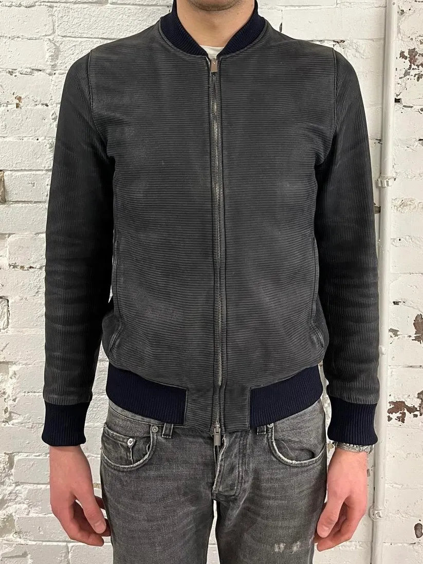 Hermès Navy Ribbed Texture Premium Leather Bomber Jacket  zgQUDfX 1