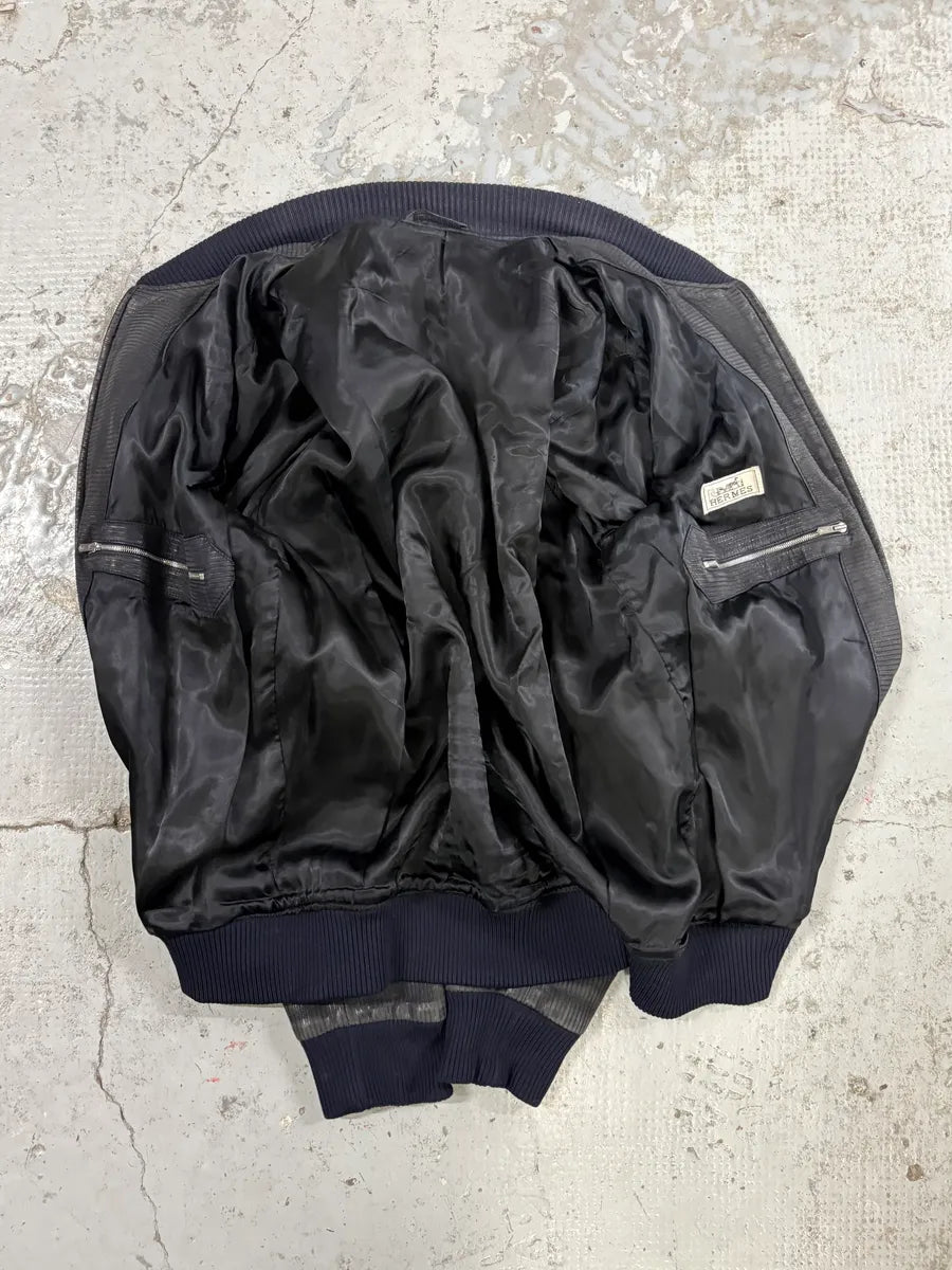 Hermès Navy Ribbed Texture Premium Leather Bomber Jacket  zgQUDfX 7