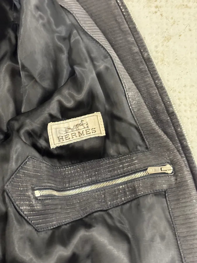 Hermès Navy Ribbed Texture Premium Leather Bomber Jacket  zgQUDfX 8