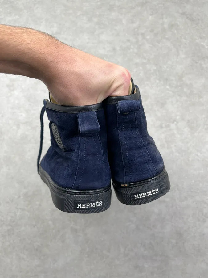 Hermès Navy Suede Leather High Sneakers XhdIQgy 5