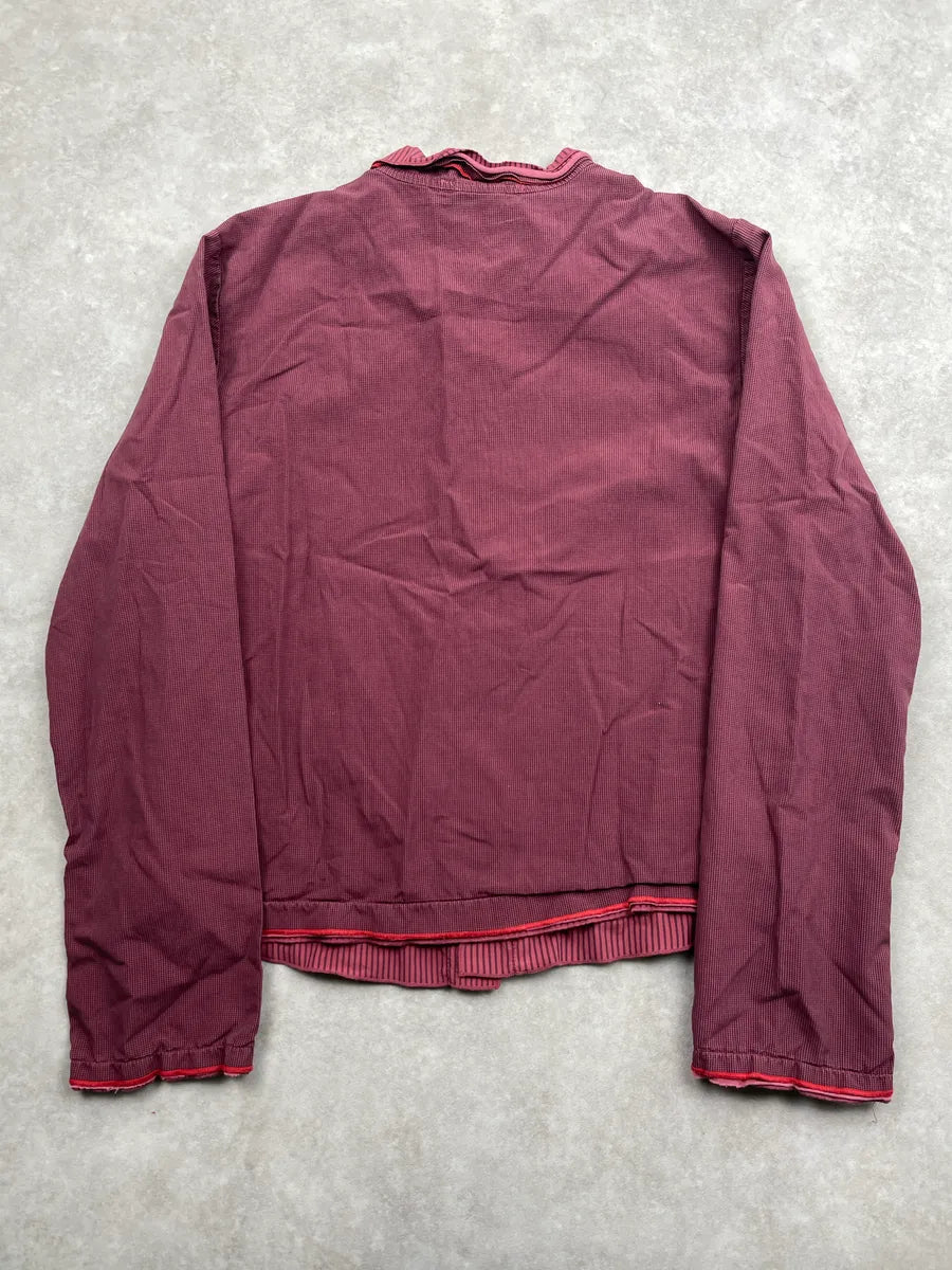 1990s Marithé + François Girbaud Burgundy Ruffled Collar Contrast Piping Light Jacket hgvsjgAg 3