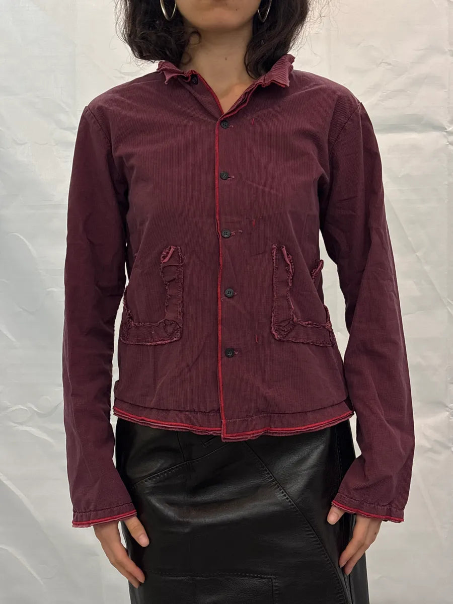 1990s Marithé + François Girbaud Burgundy Ruffled Collar Contrast Piping Light Jacket hgvsjgAg 1