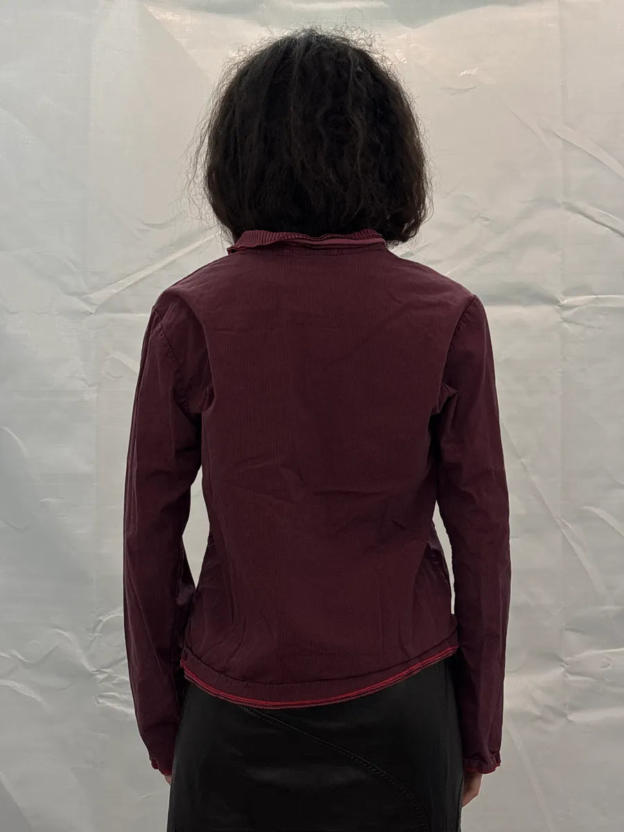 1990s Marithé + François Girbaud Burgundy Ruffled Collar Contrast Piping Light Jacket hgvsjgAg 2