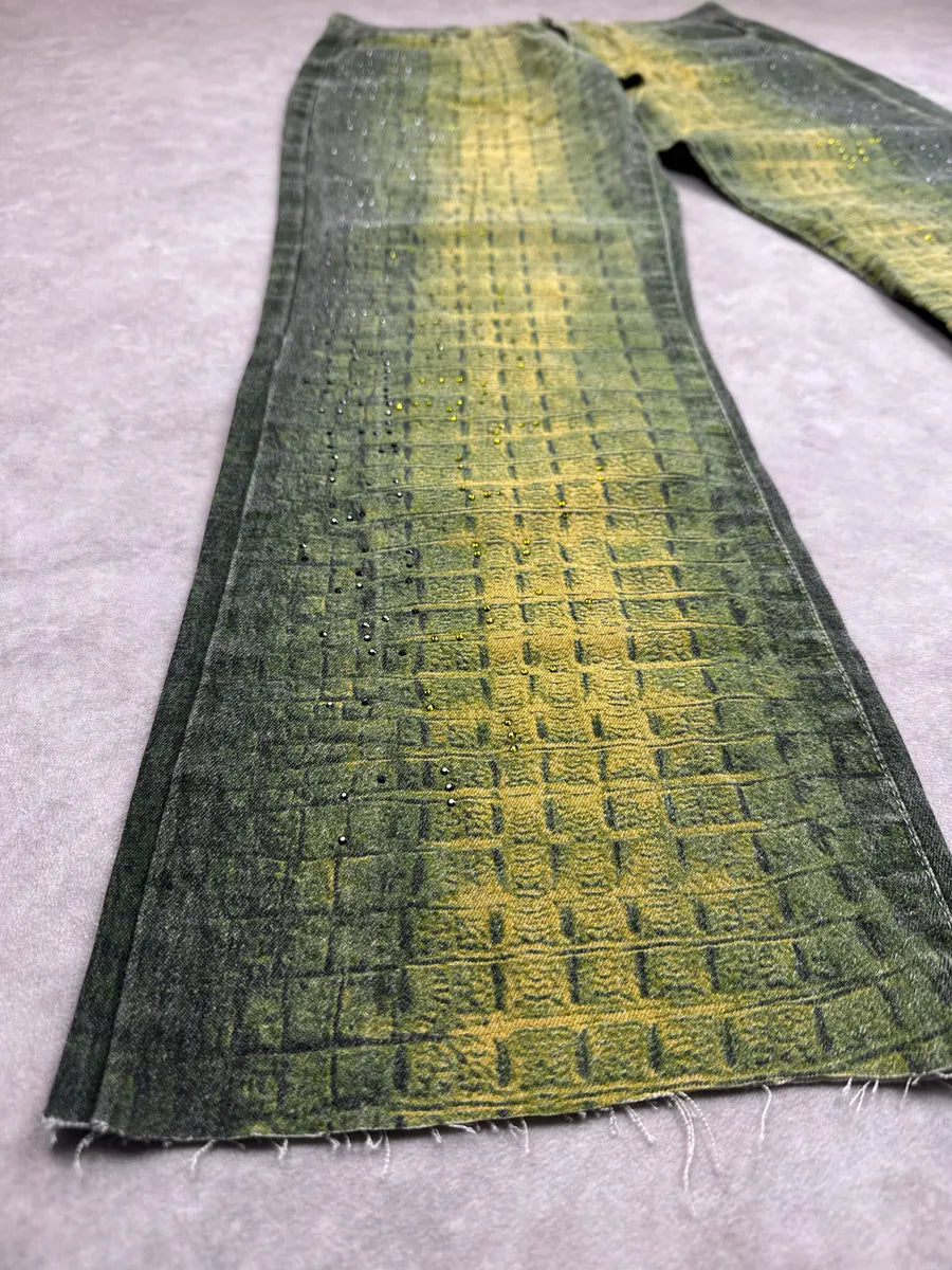 2000s Angelo Marani Yellow Green Crocodile Print Rhinestone Jeans hiVJacVo 6