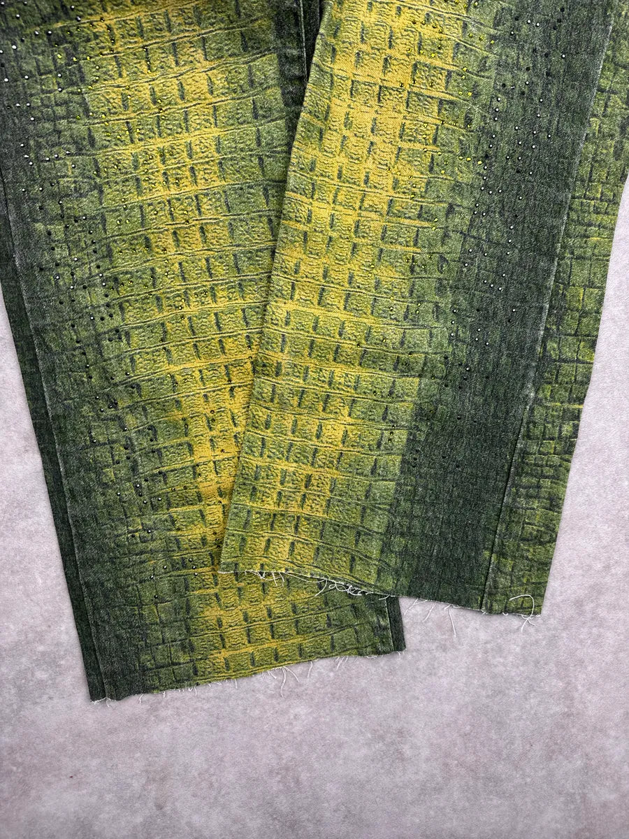2000s Angelo Marani Yellow Green Crocodile Print Rhinestone Jeans hiVJacVo 7