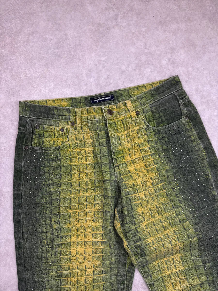 2000s Angelo Marani Yellow Green Crocodile Print Rhinestone Jeans hiVJacVo 8