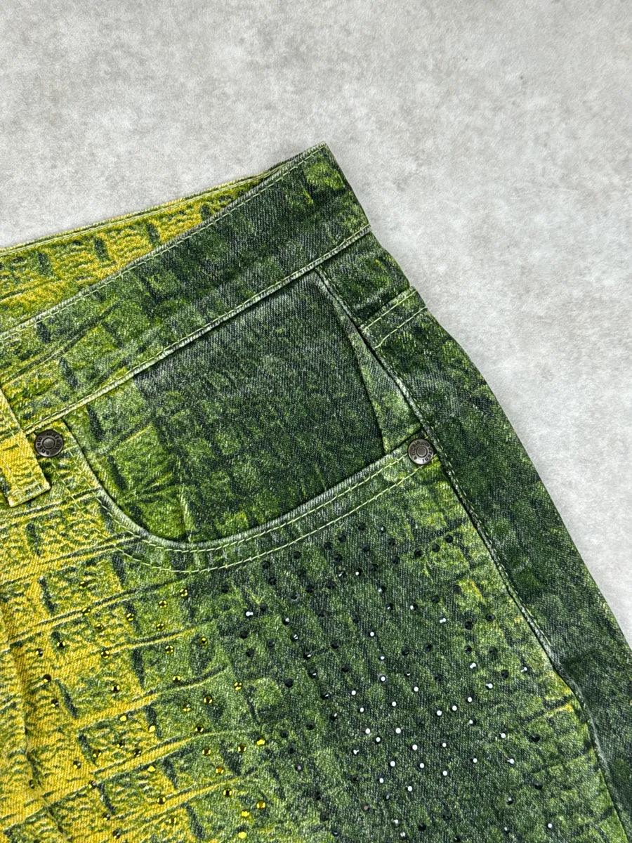 2000s Angelo Marani Yellow Green Crocodile Print Rhinestone Jeans hiVJacVo 9