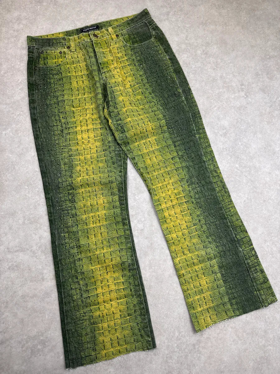 2000s Angelo Marani Yellow Green Crocodile Print Rhinestone Jeans hiVJacVo 4