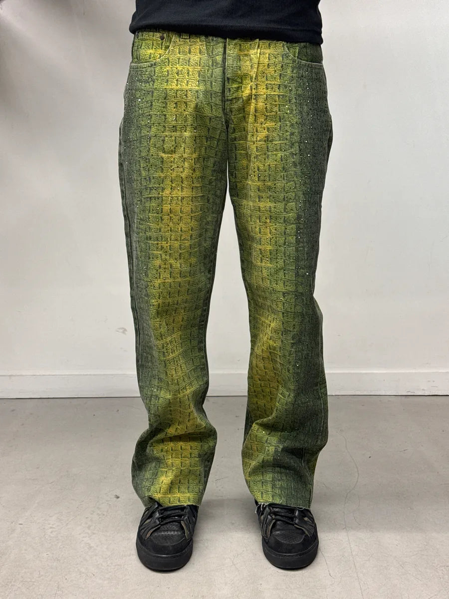2000s Angelo Marani Yellow Green Crocodile Print Rhinestone Jeans hiVJacVo 1
