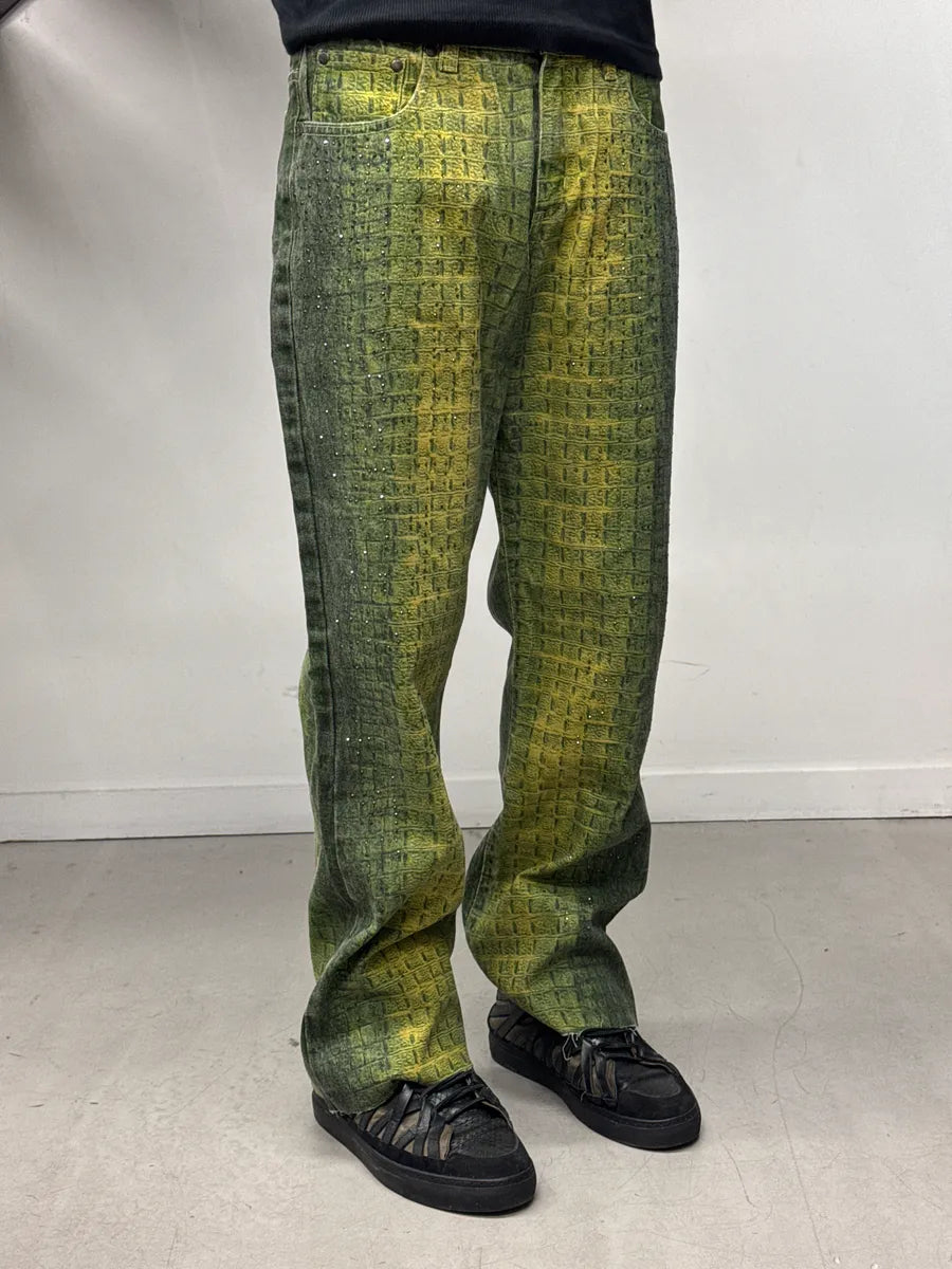 2000s Angelo Marani Yellow Green Crocodile Print Rhinestone Jeans hiVJacVo 2