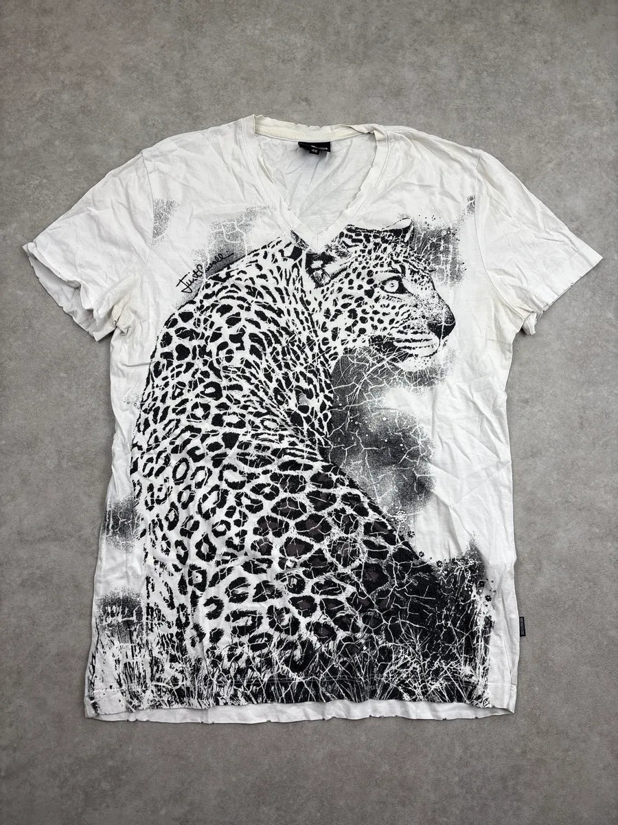 SS2010 Cavalli White Leopard Graphic V-Neck T-Shirt hiyrXvpt 0