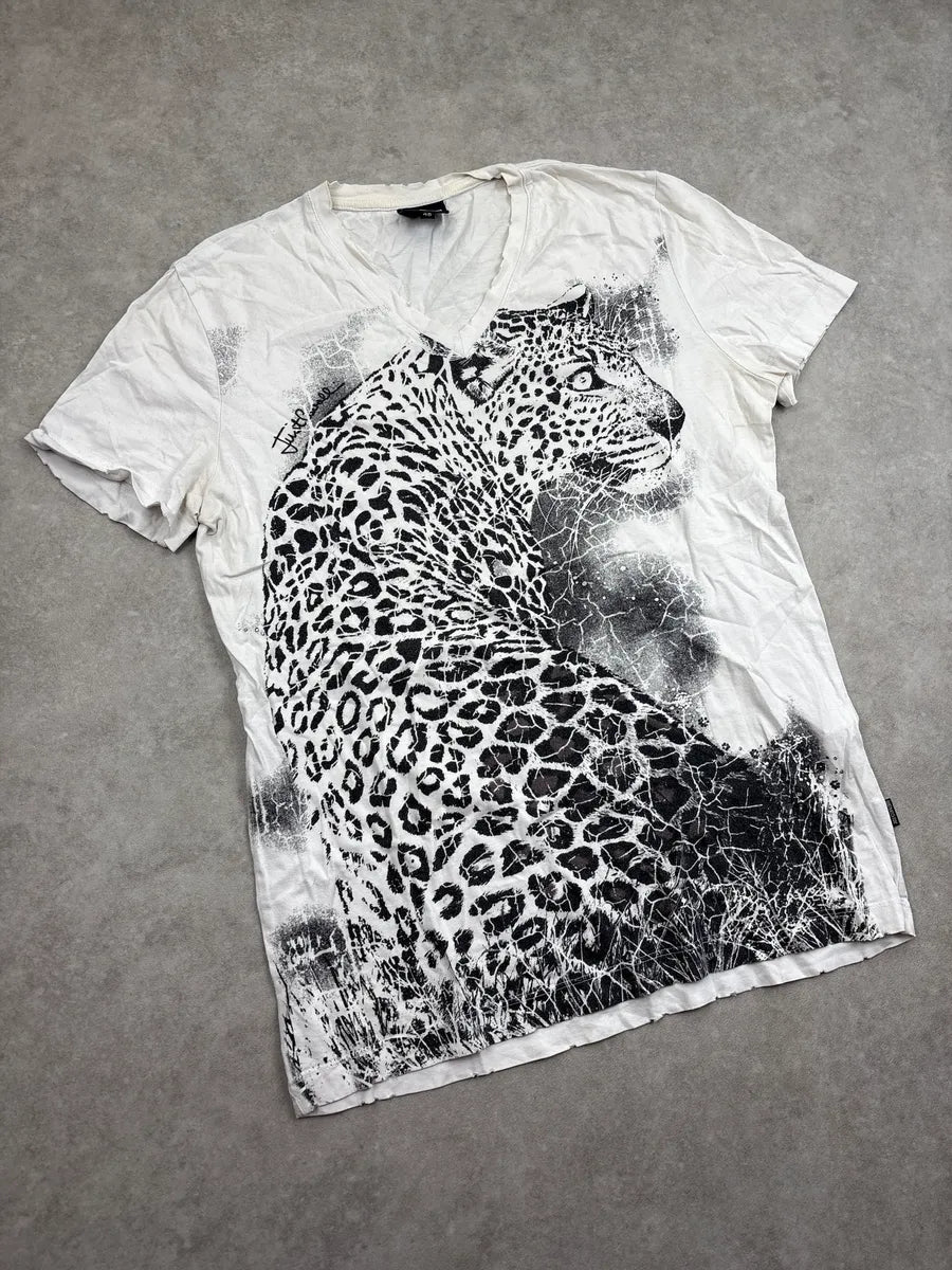 SS2010 Cavalli White Leopard Graphic V-Neck T-Shirt hiyrXvpt 3