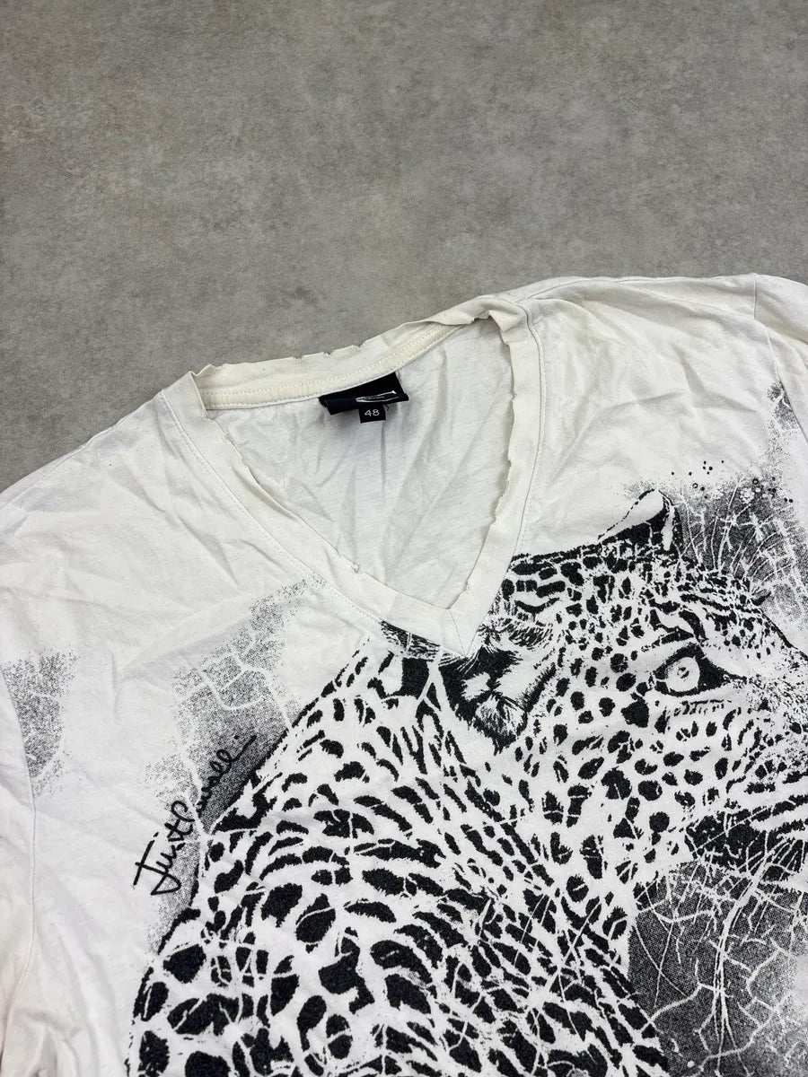 SS2010 Cavalli White Leopard Graphic V-Neck T-Shirt hiyrXvpt 5