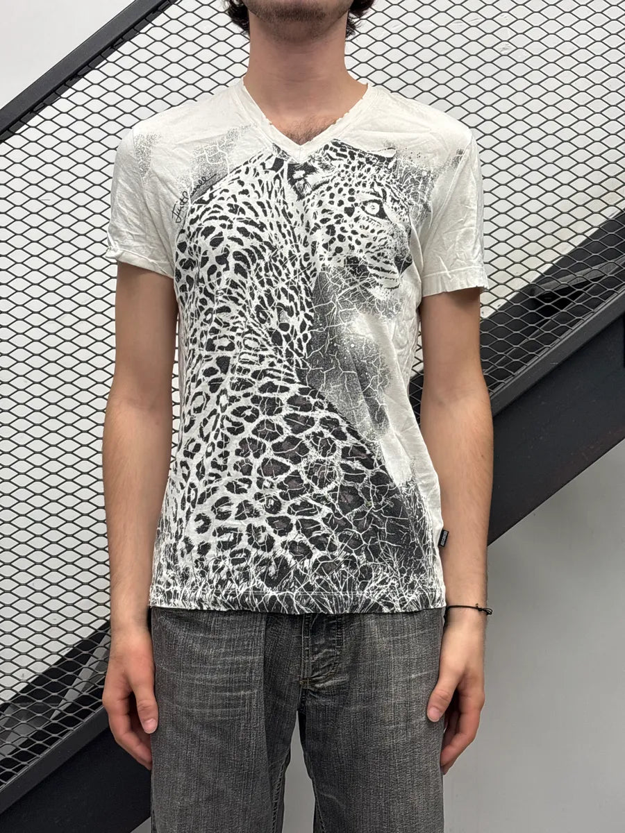 SS2010 Cavalli White Leopard Graphic V-Neck T-Shirt hiyrXvpt 1