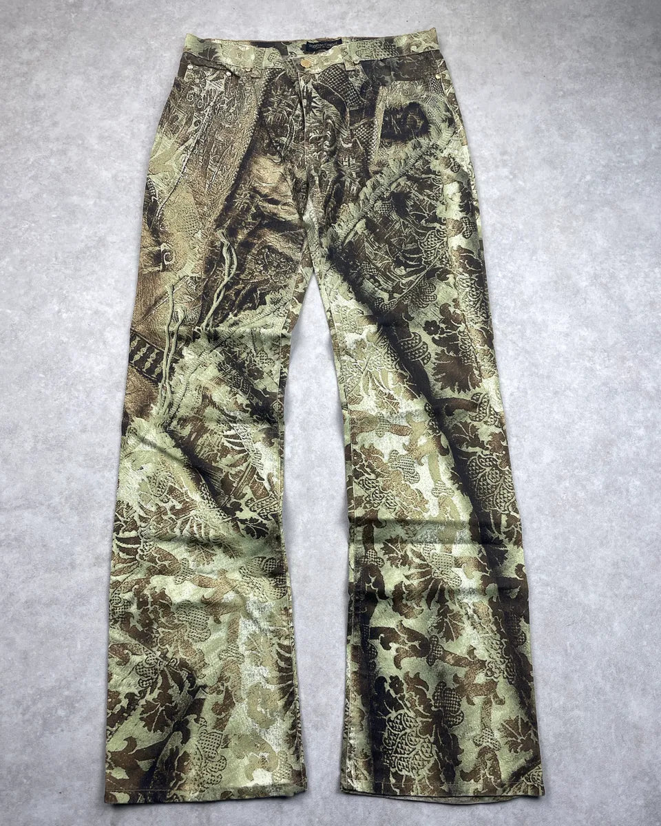 AW2002 Roberto Cavalli Olive Brown Denim Baroque Floral Bootcut Pants hkKXTqup 3