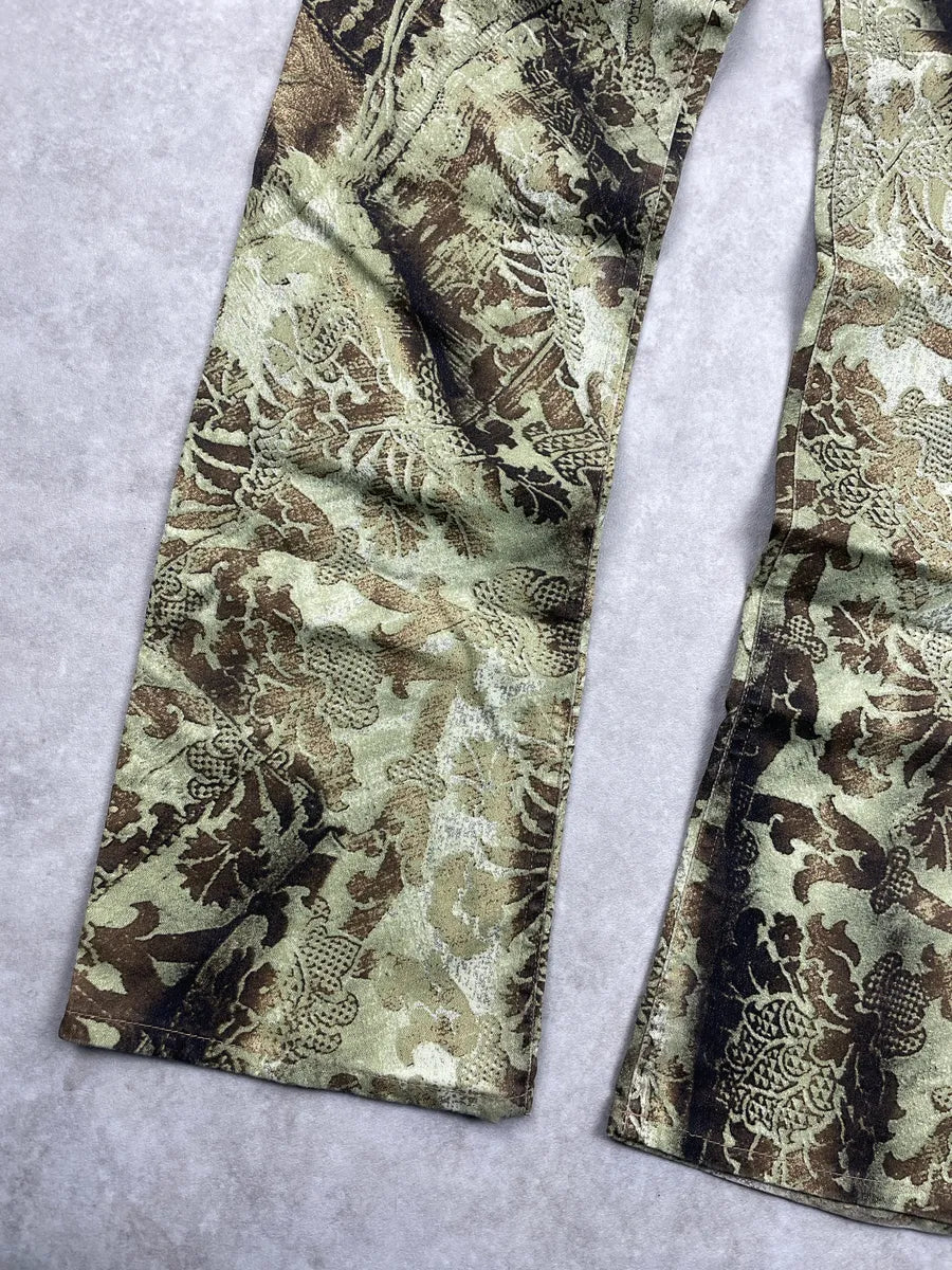 AW2002 Roberto Cavalli Olive Brown Denim Baroque Floral Bootcut Pants hkKXTqup 5