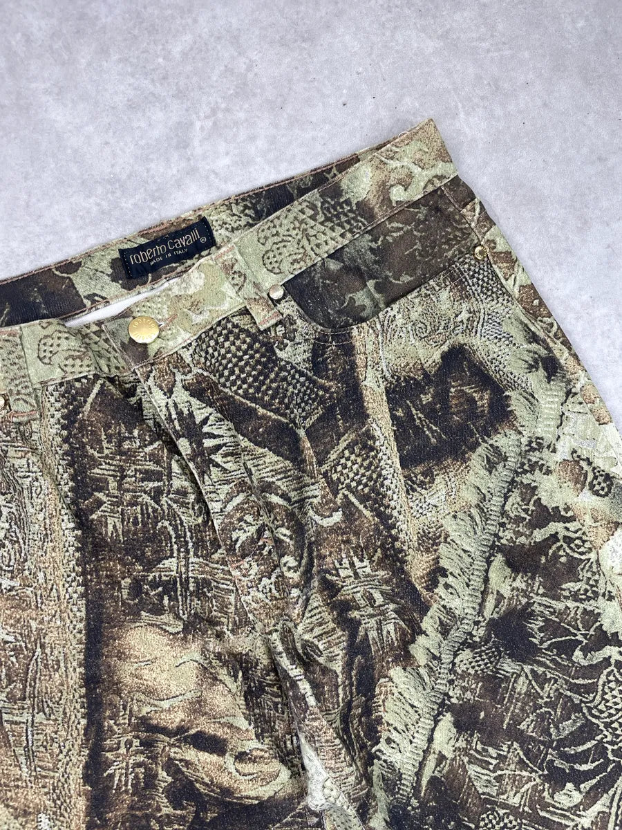 AW2002 Roberto Cavalli Olive Brown Denim Baroque Floral Bootcut Pants hkKXTqup 10