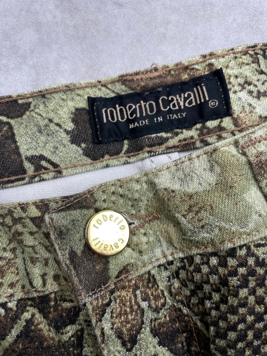 AW2002 Roberto Cavalli Olive Brown Denim Baroque Floral Bootcut Pants hkKXTqup 11
