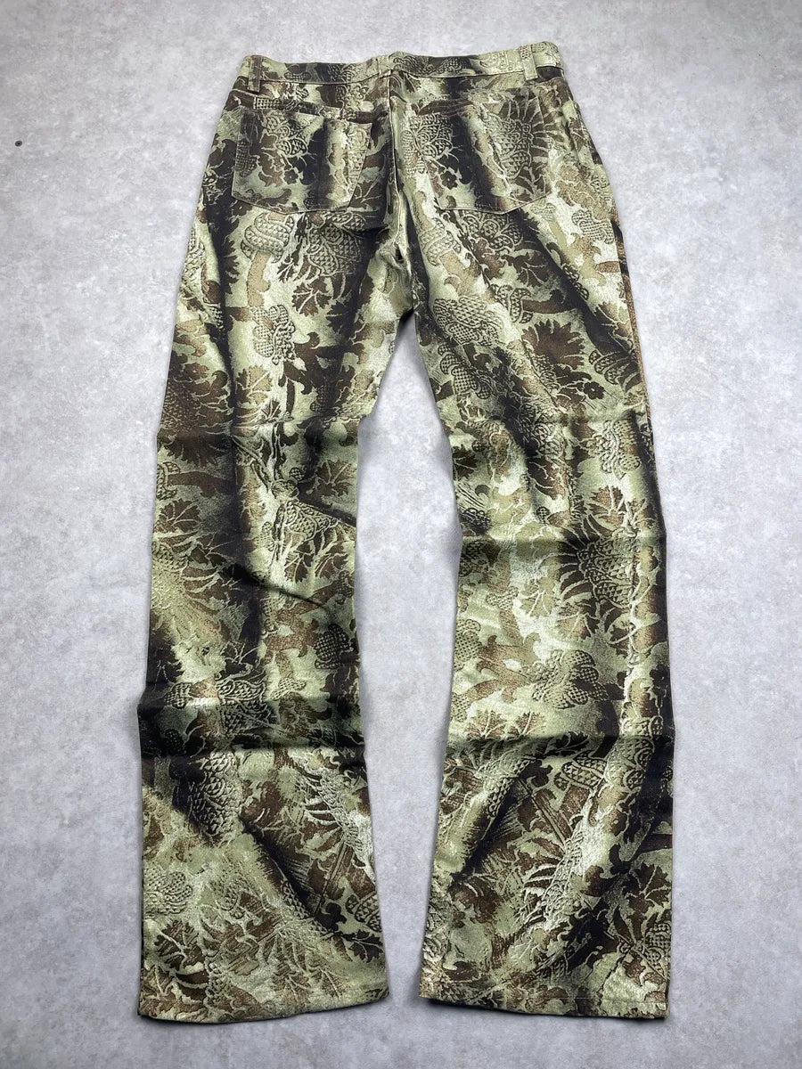 AW2002 Roberto Cavalli Olive Brown Denim Baroque Floral Bootcut Pants hkKXTqup 4