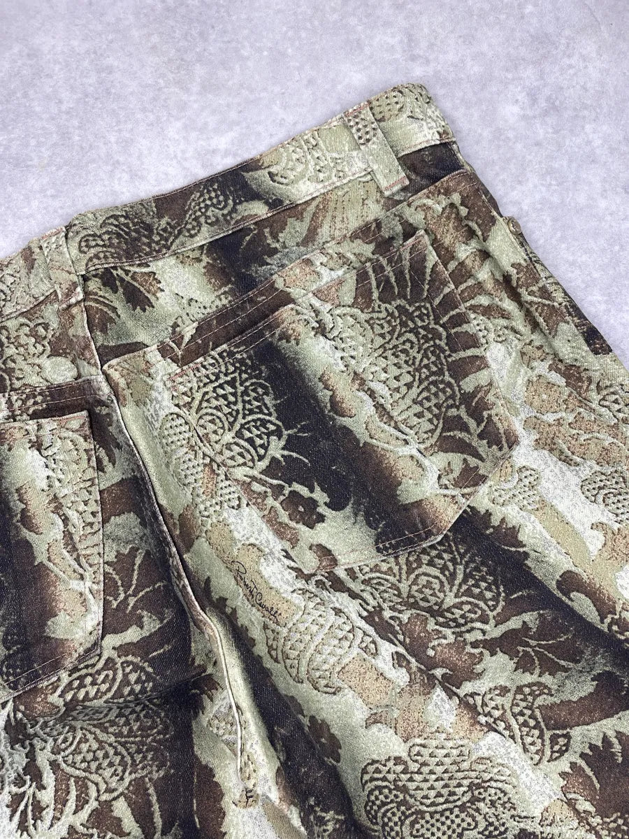 AW2002 Roberto Cavalli Olive Brown Denim Baroque Floral Bootcut Pants hkKXTqup 9