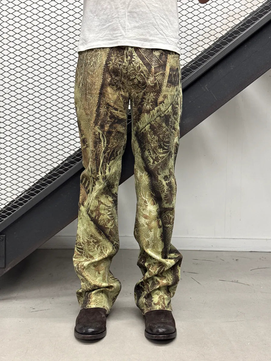 AW2002 Roberto Cavalli Olive Brown Denim Baroque Floral Bootcut Pants hkKXTqup 0