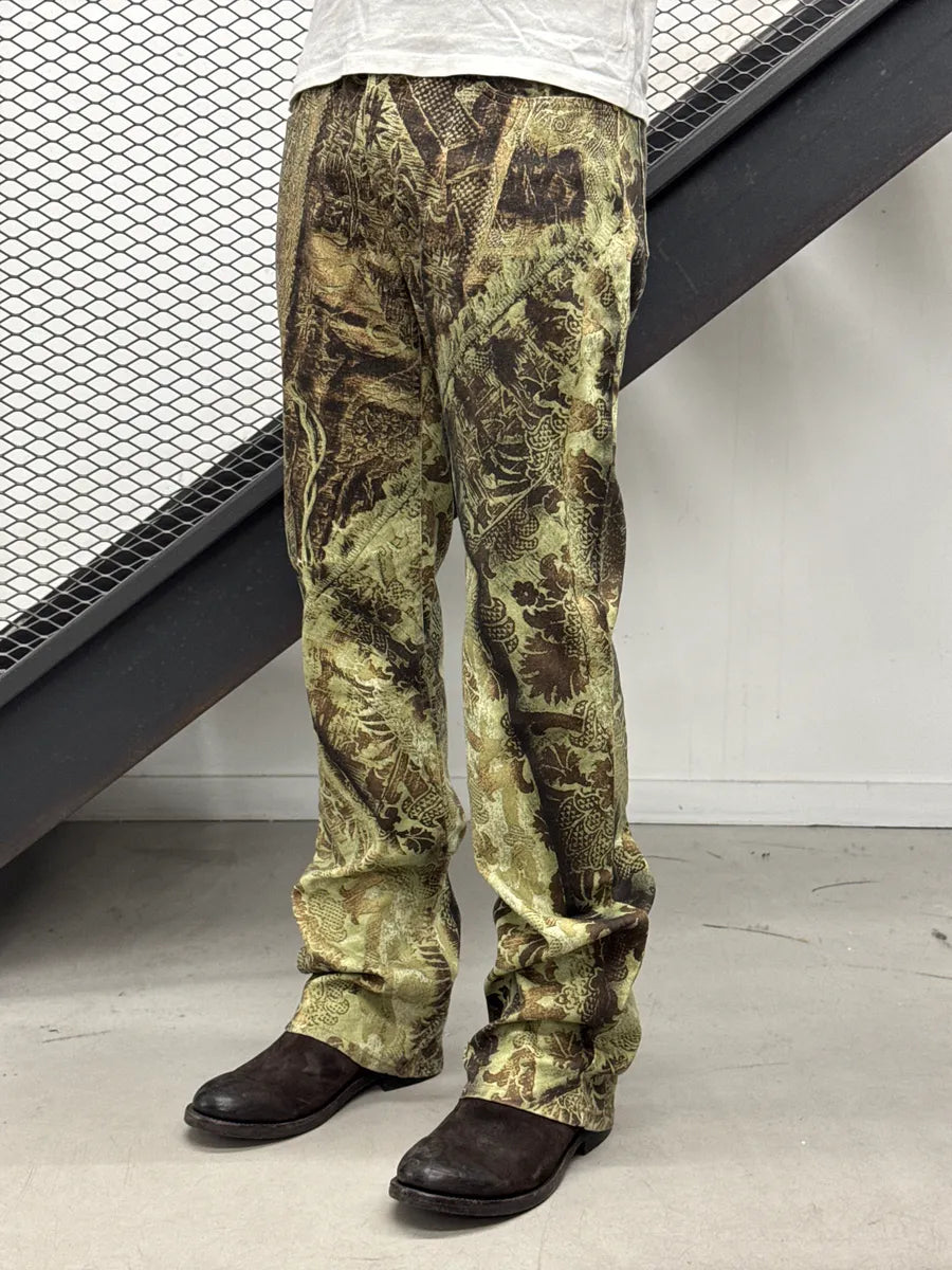 AW2002 Roberto Cavalli Olive Brown Denim Baroque Floral Bootcut Pants hkKXTqup 1
