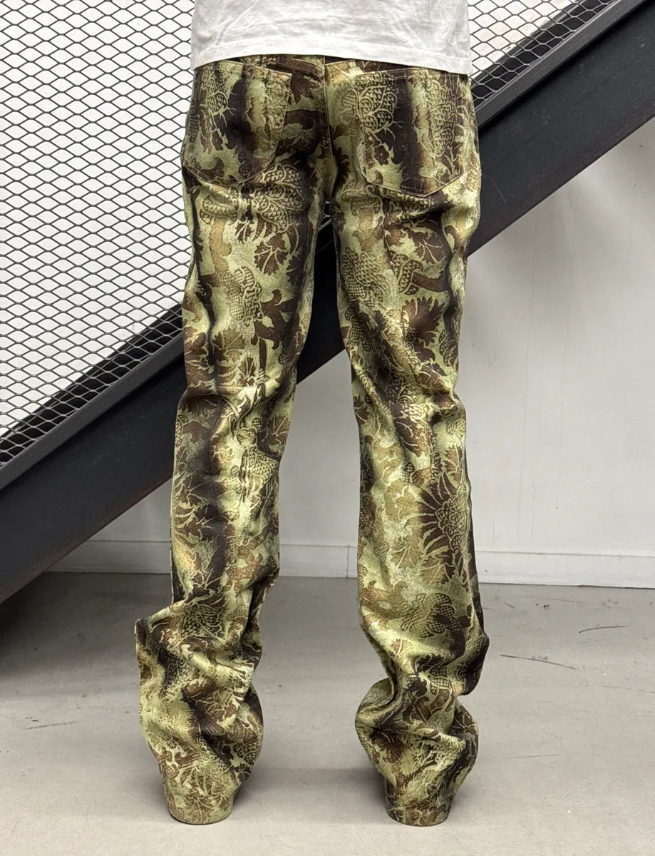AW2002 Roberto Cavalli Olive Brown Denim Baroque Floral Bootcut Pants hkKXTqup 2