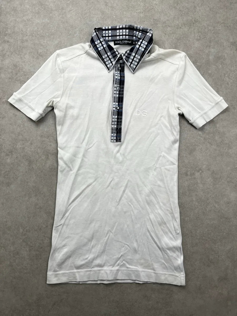 SS2011 Dolce & Gabbana White Checked Collar Embroidery Polo hltkhiOd 0