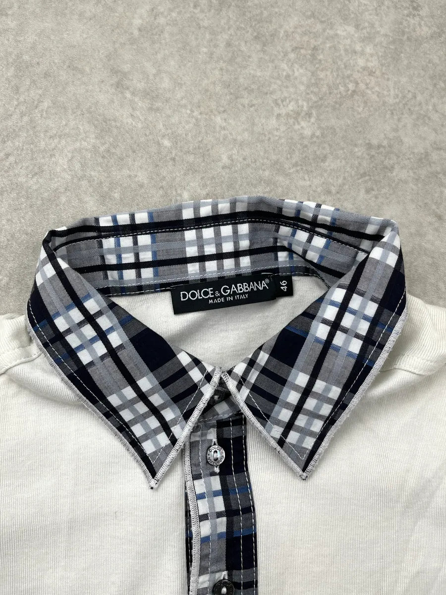 SS2011 Dolce & Gabbana White Checked Collar Embroidery Polo hltkhiOd 9