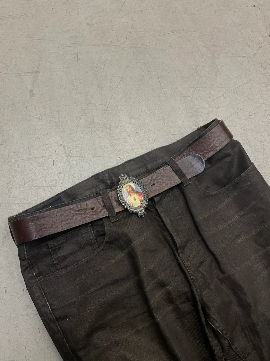 2000s Dolce & Gabbana Dark Brown Leather Religious Portrait Buckle Belt hntgkunj 0