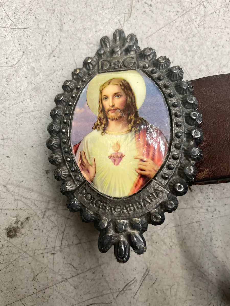 2000s Dolce & Gabbana Dark Brown Leather Religious Portrait Buckle Belt hntgkunj 5