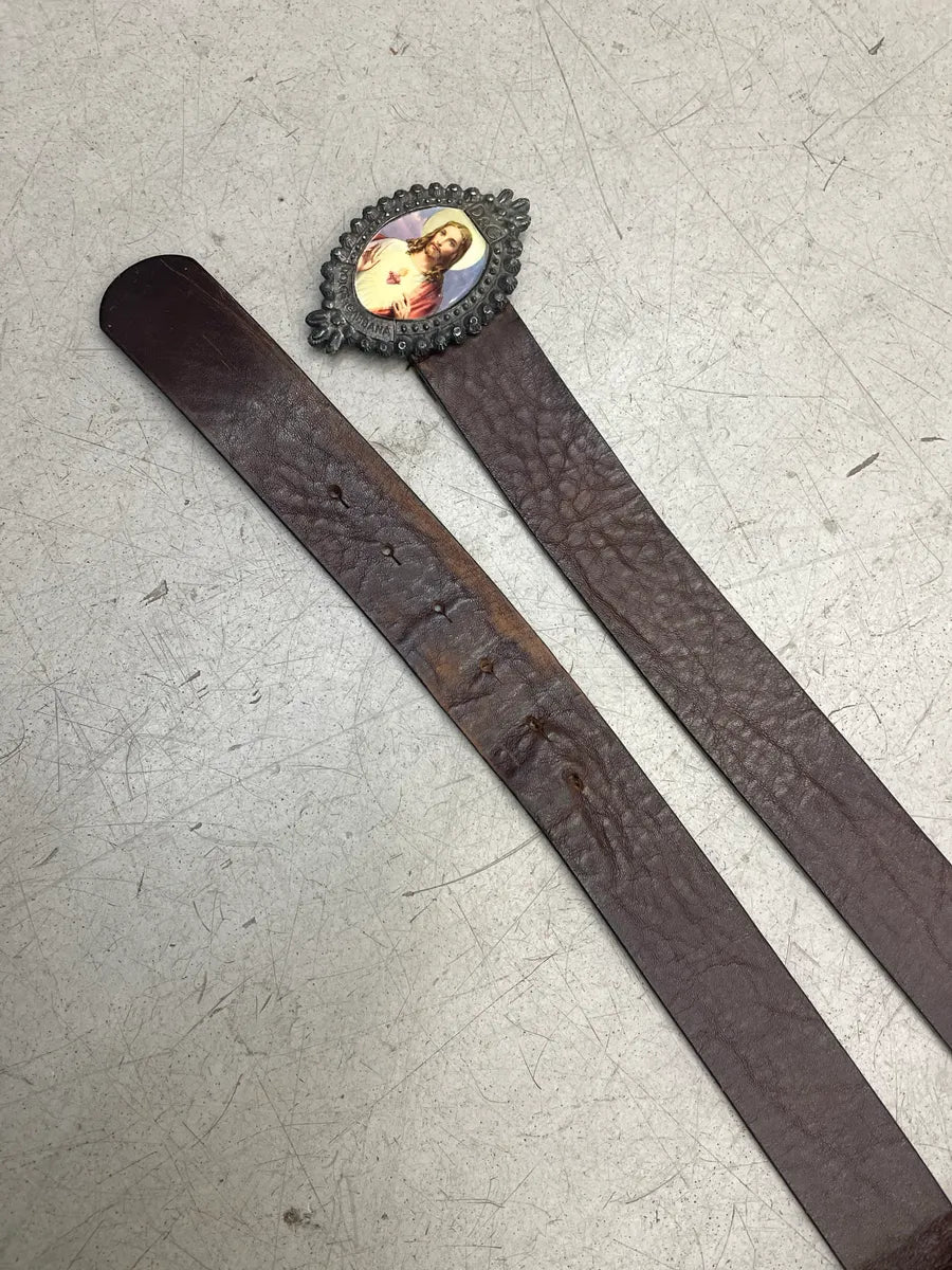 2000s Dolce & Gabbana Dark Brown Leather Religious Portrait Buckle Belt hntgkunj 1