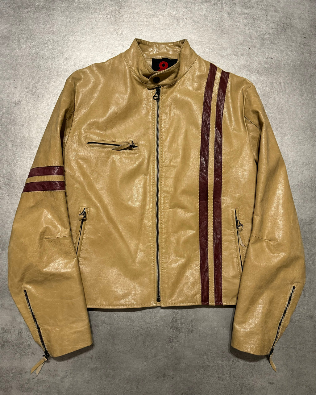2000s Dolce & Gabbana Stripes Beige Leather Biker Racer Jacket (M) - 1