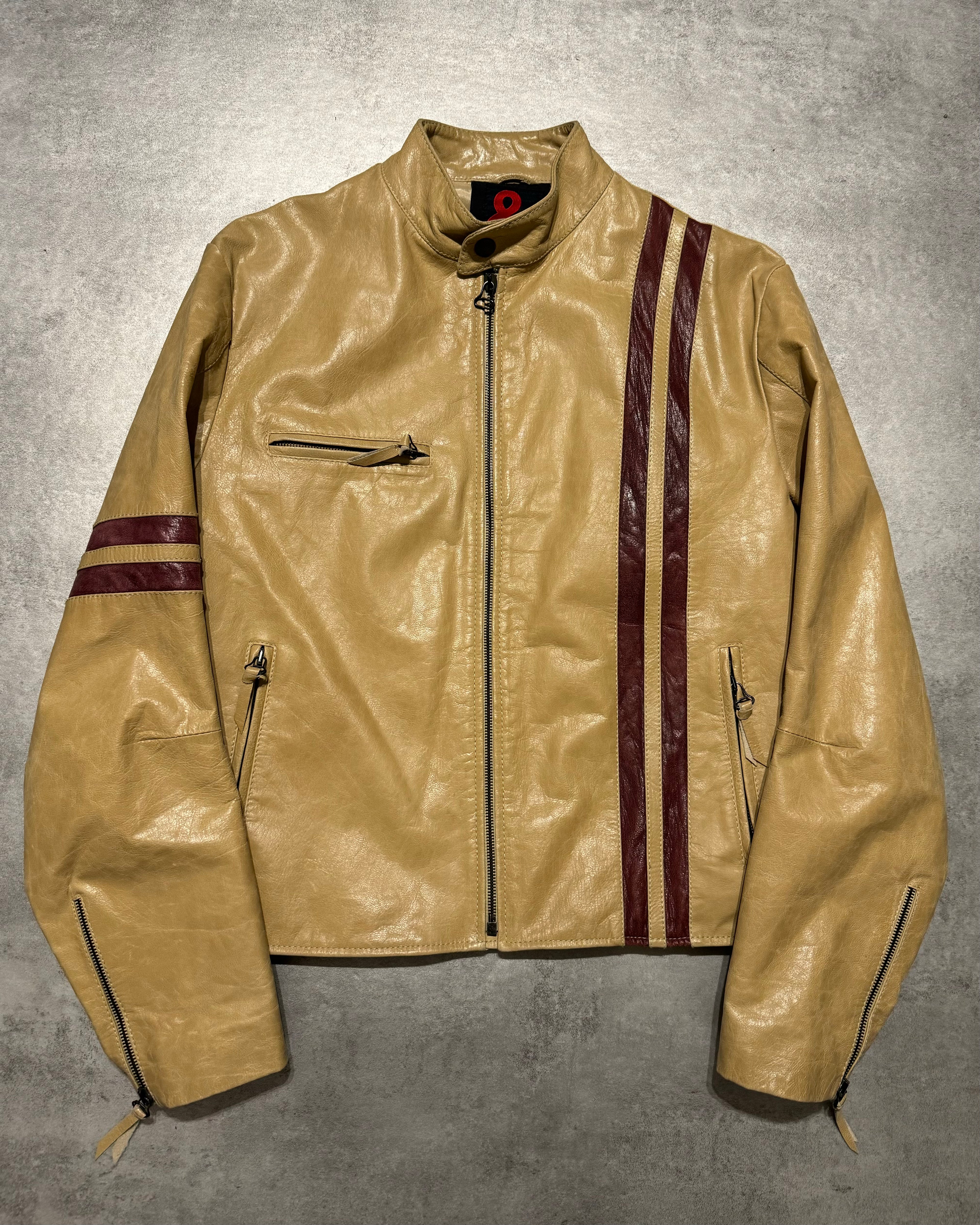 2000s Dolce & Gabbana Stripes Beige Leather Biker Racer Jacket (M) - 1