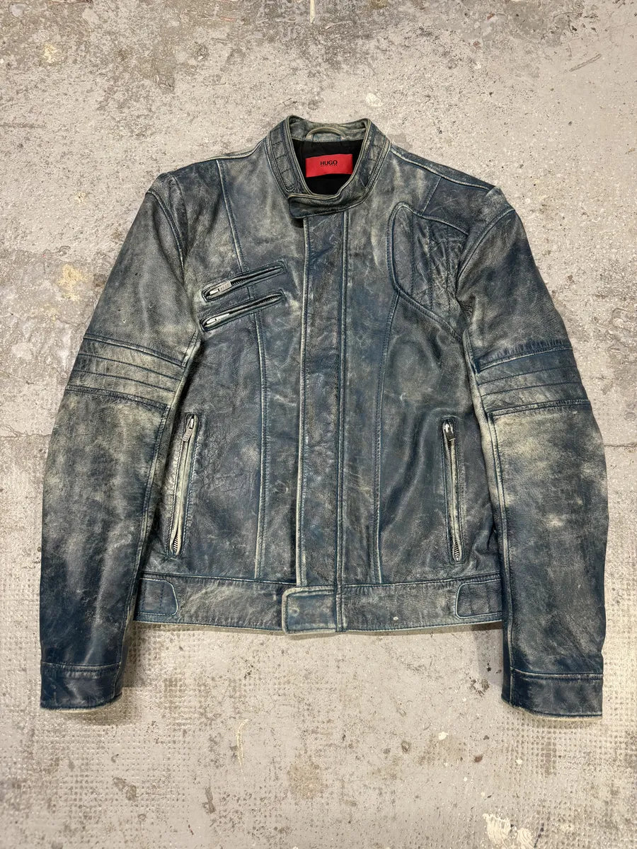 Hugo Boss Biker Eroded Blue Patina Leather Jacket (S/M) xRpJpVn 0