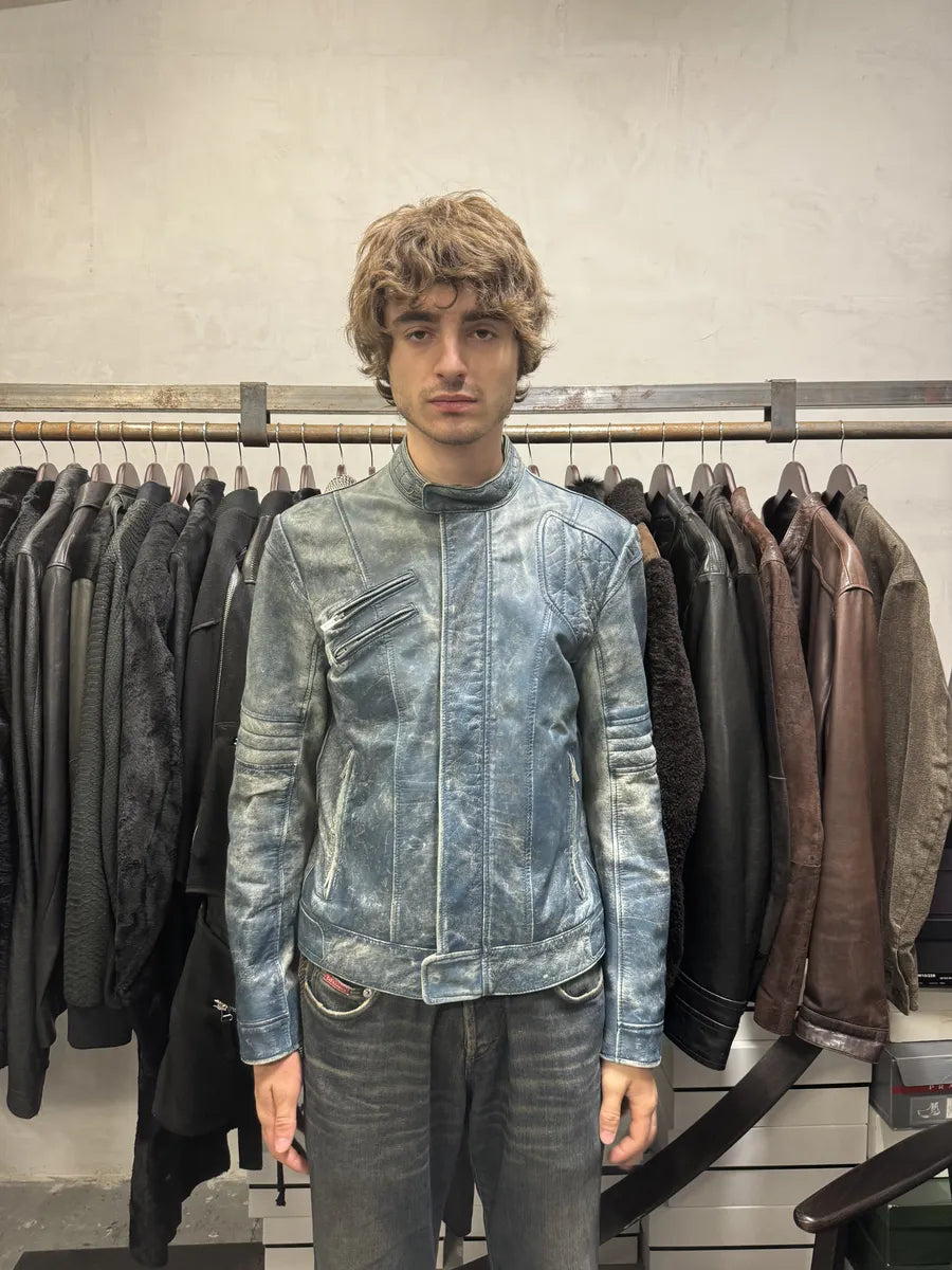 Hugo Boss Biker Eroded Blue Patina Leather Jacket (S/M) xRpJpVn 1