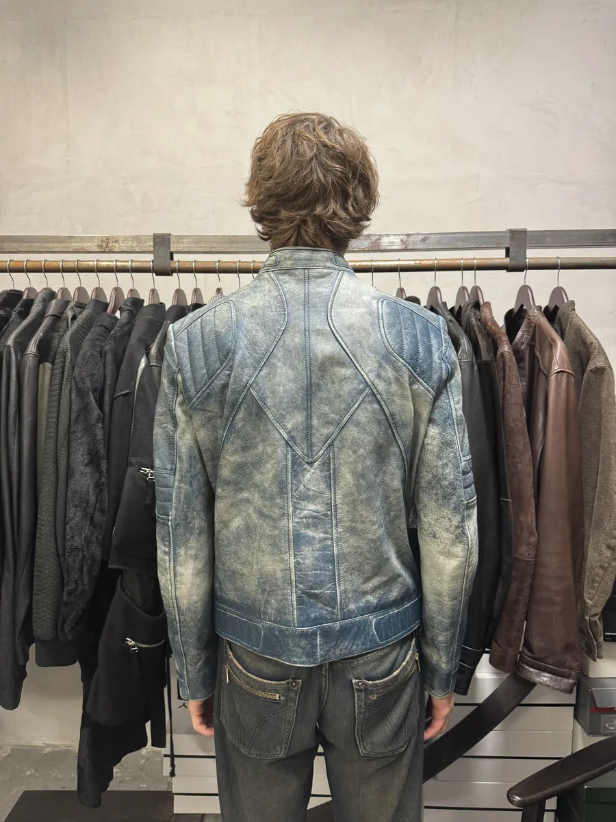 Hugo Boss Biker Eroded Blue Patina Leather Jacket (S/M) xRpJpVn 2