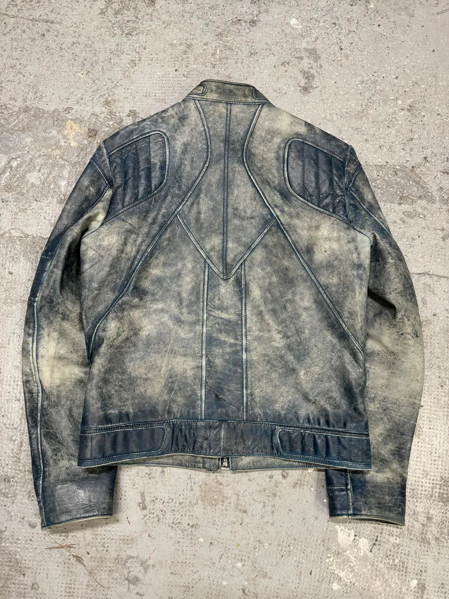 Hugo Boss Biker Eroded Blue Patina Leather Jacket (S/M) xRpJpVn 3