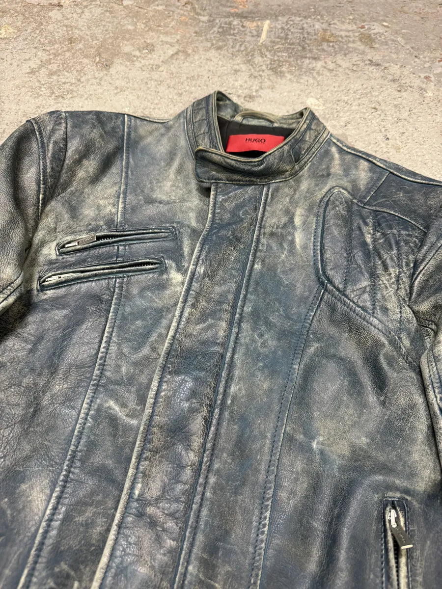 Hugo Boss Biker Eroded Blue Patina Leather Jacket (S/M) xRpJpVn 4
