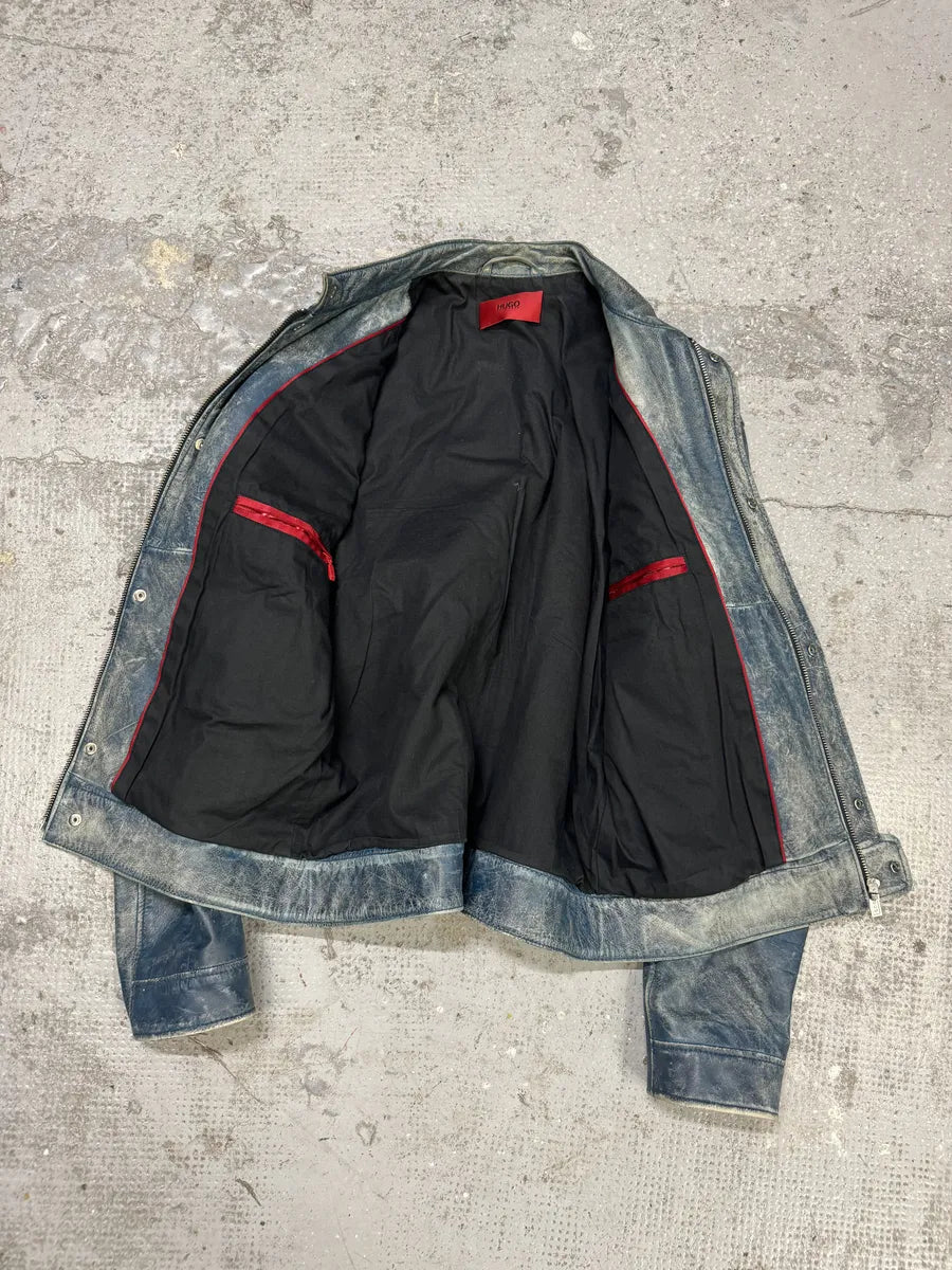Hugo Boss Biker Eroded Blue Patina Leather Jacket (S/M) xRpJpVn 5