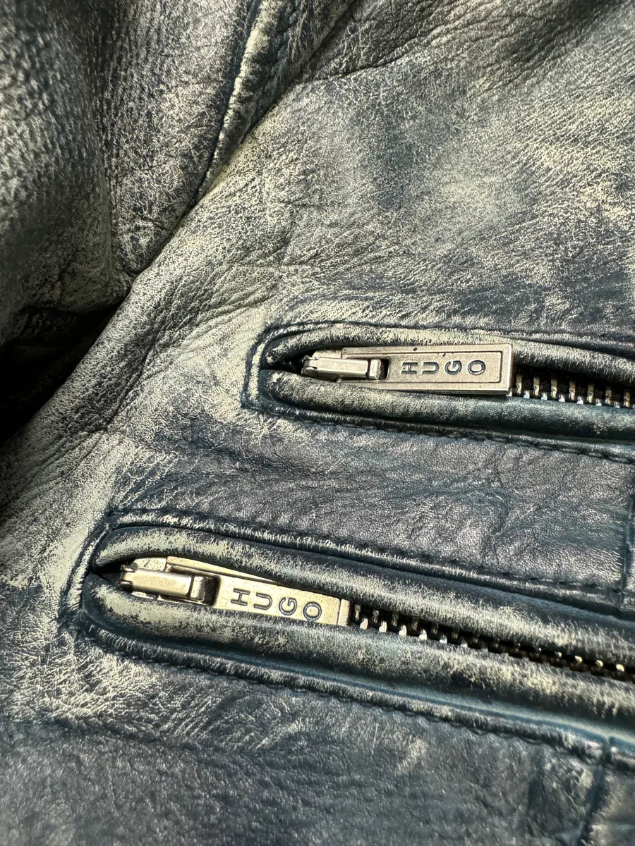 Hugo Boss Biker Eroded Blue Patina Leather Jacket (S/M) xRpJpVn 7