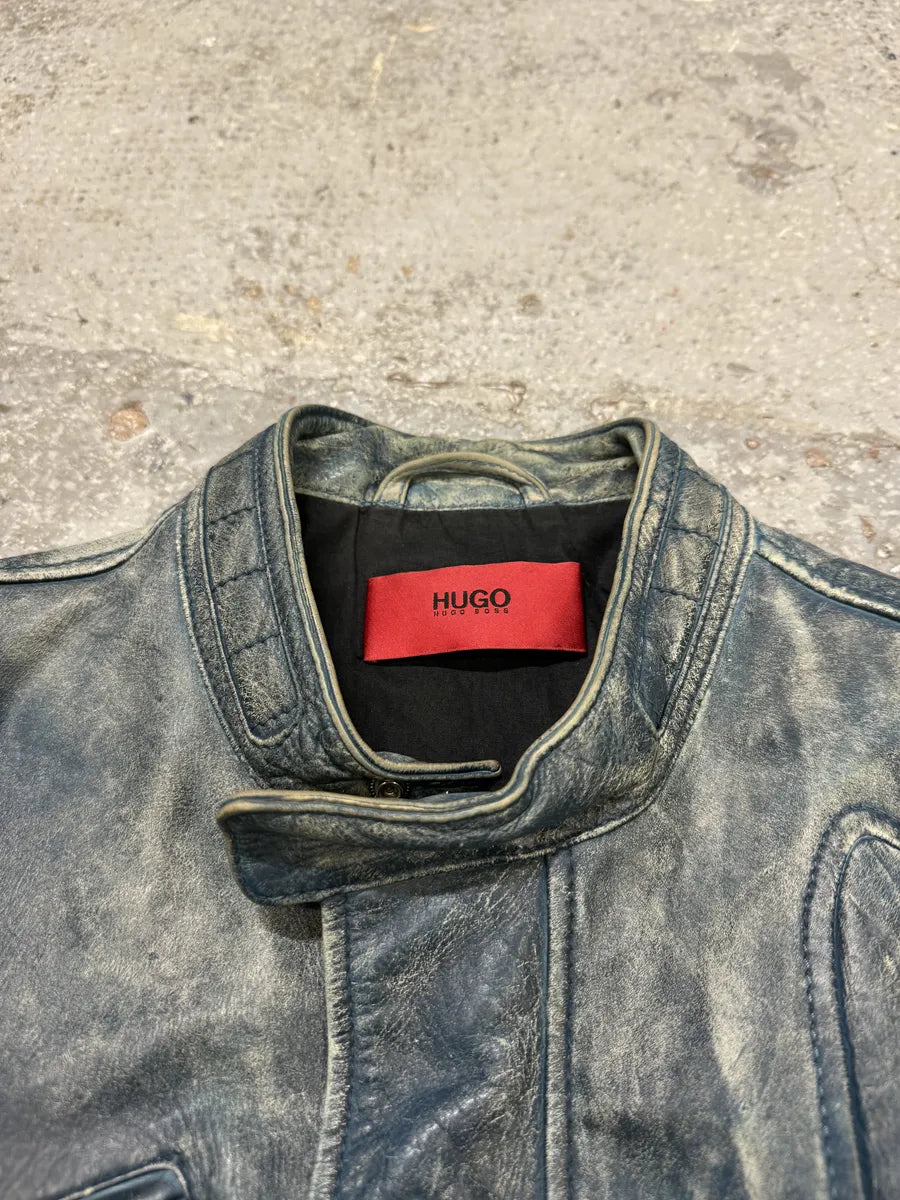 Hugo Boss Biker Eroded Blue Patina Leather Jacket (S/M) xRpJpVn 8