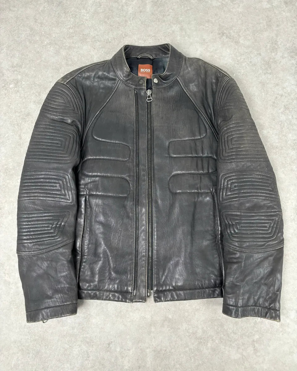 Hugo Boss Dark Grey Leather Blouson Padded Moto Jacket Fgkrrcx 0