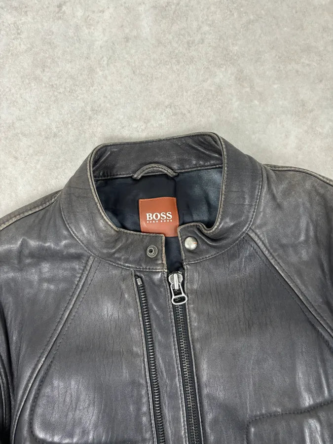 Hugo Boss Dark Grey Leather Blouson Padded Moto Jacket Fgkrrcx 3