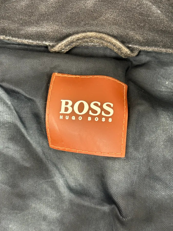 Hugo Boss Dark Grey Leather Blouson Padded Moto Jacket Fgkrrcx 8
