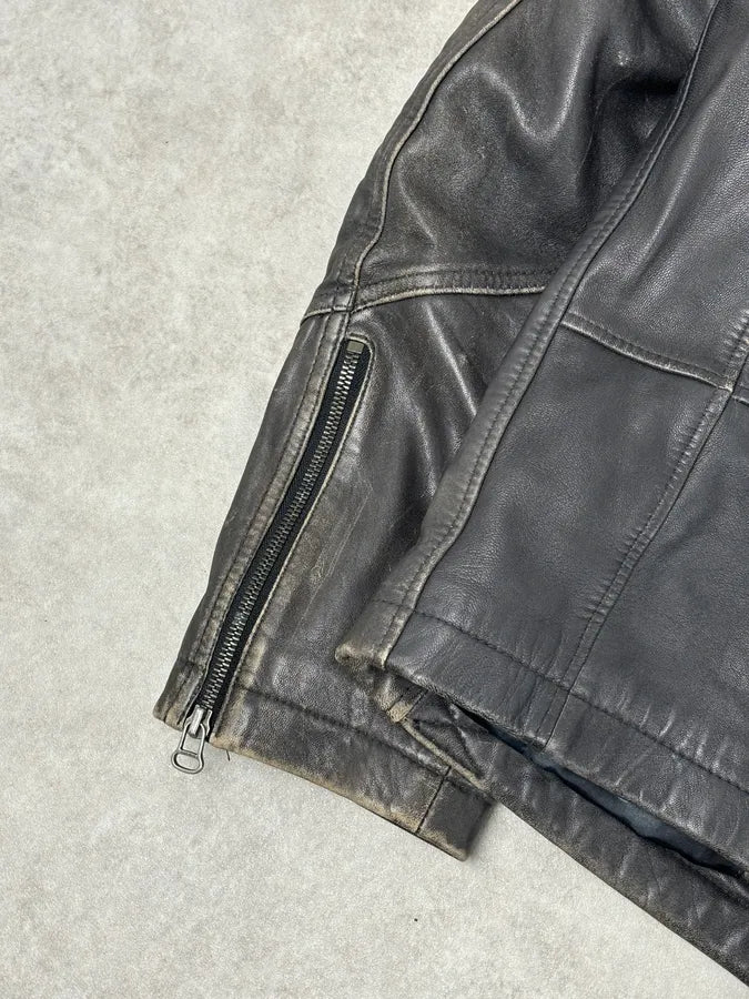 Hugo Boss Dark Grey Leather Blouson Padded Moto Jacket Fgkrrcx 7